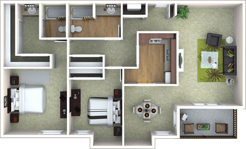 Floor plan for 2 beds, 2 baths, 1225 sqft